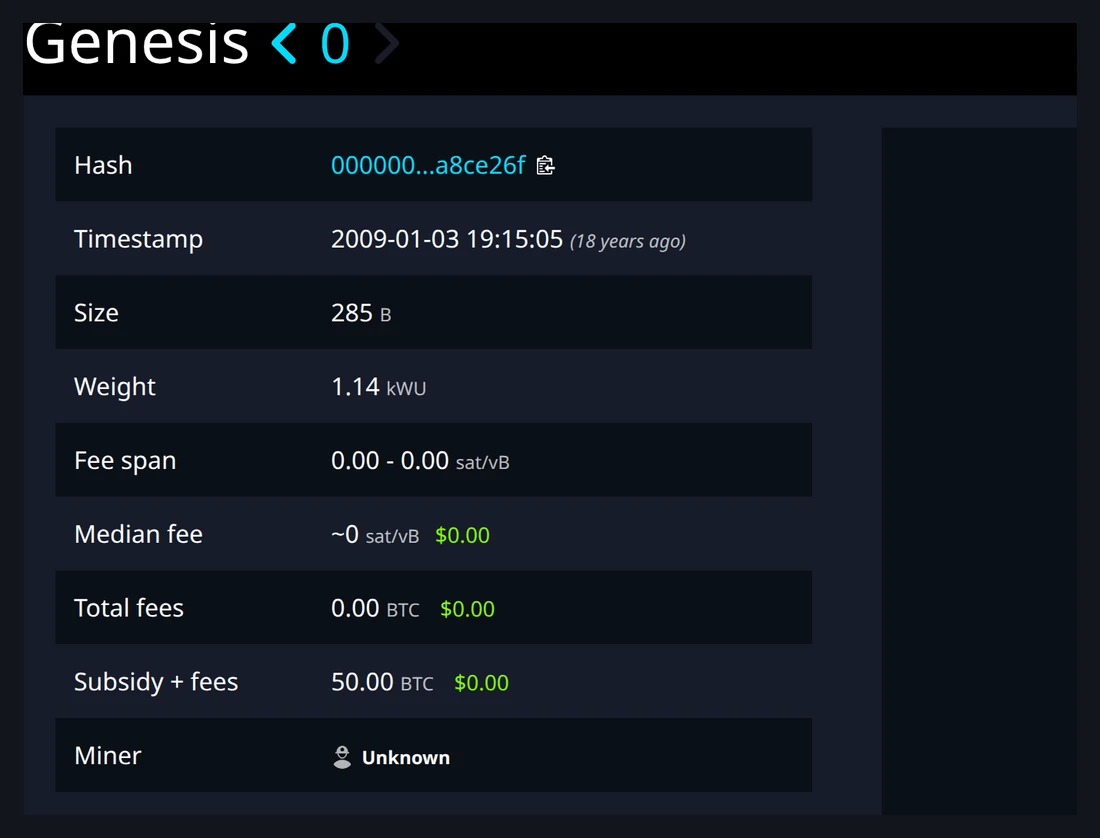 Block explorer showing Bitcoin's genesis block, block 0, dated 3 January 2009 with a 50 BTC reward