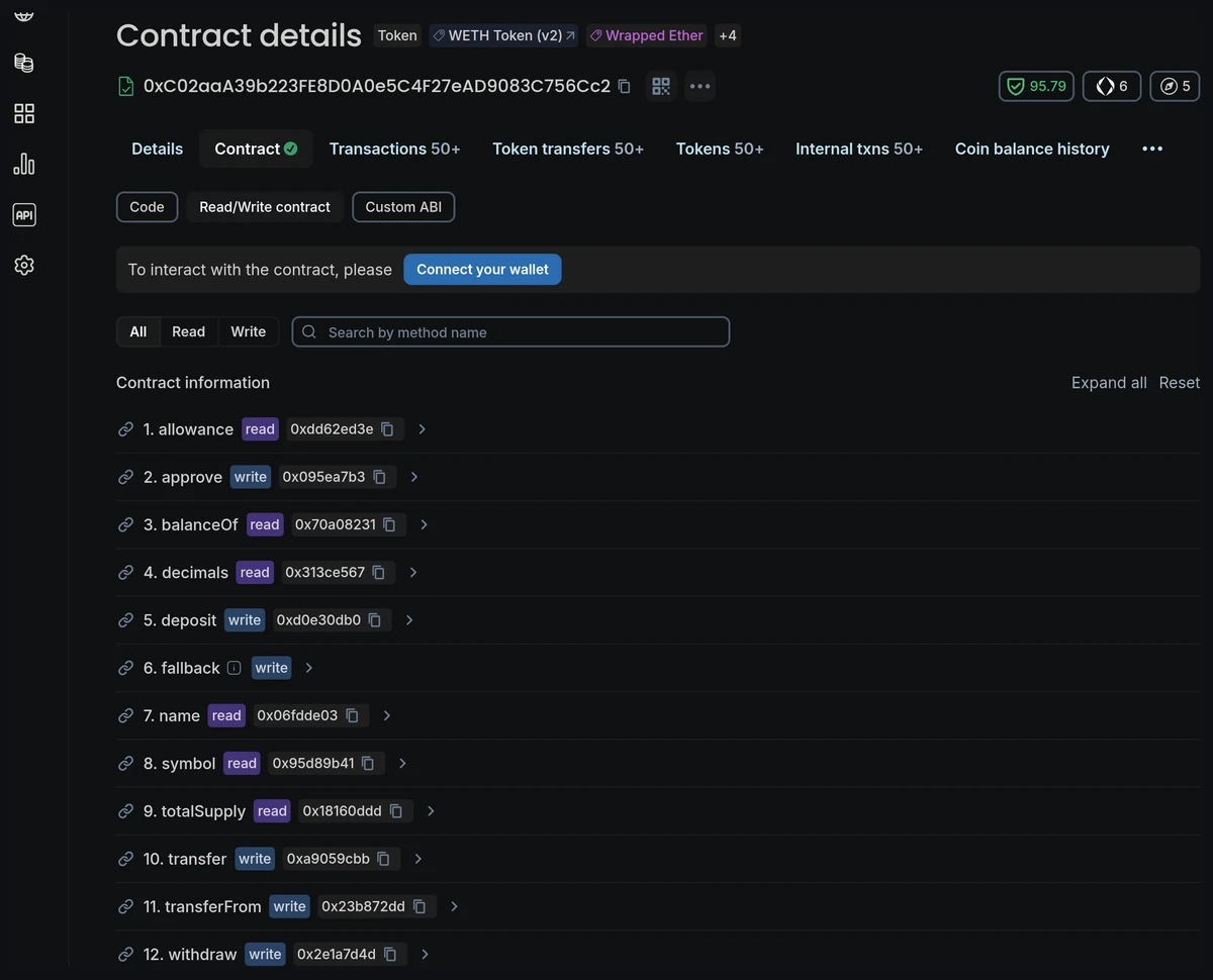 Block explorer Read and Write contract view listing functions tagged read or write