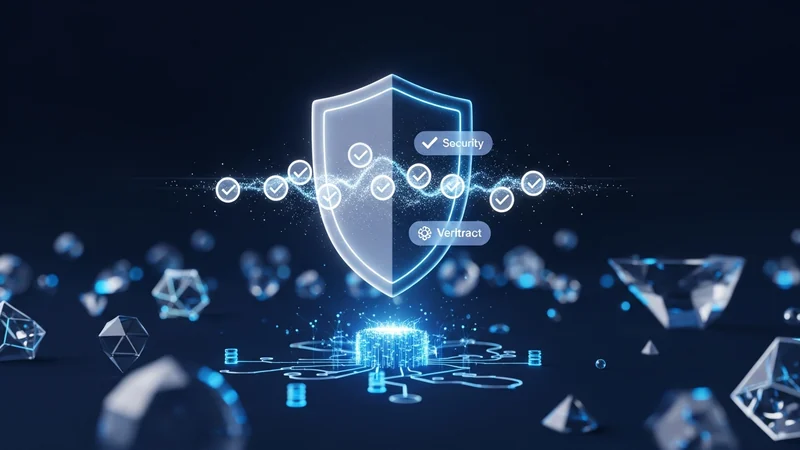 Conceptual image of a secure smart contract with various defense mechanisms