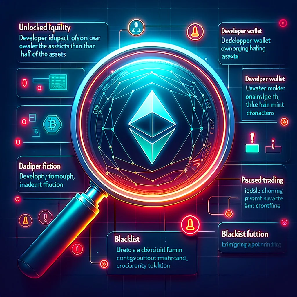 Etherscan contract source code view highlighting mint, blacklist, and pause functions used in rug pull tokens
