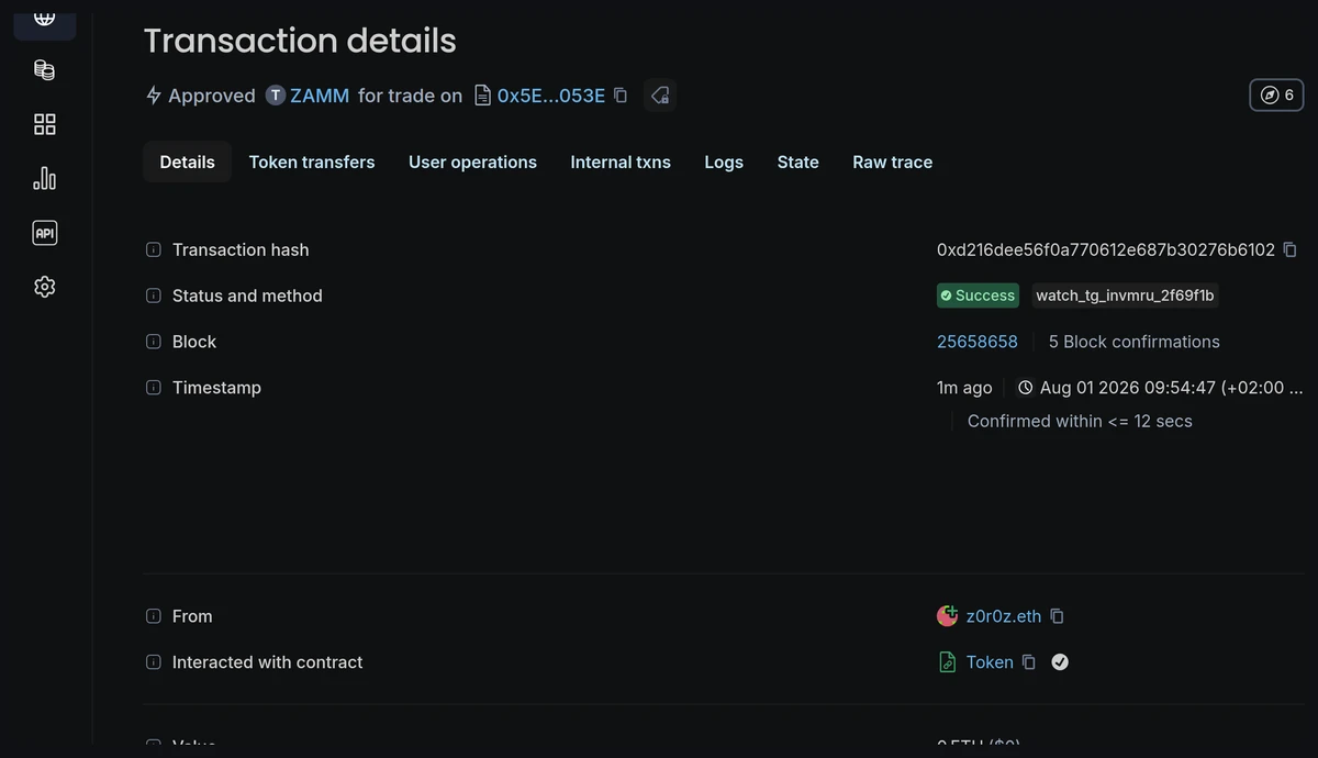 Block explorer showing a transaction's hash, status, block, confirmations, sender and contract
