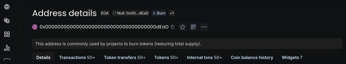 Block explorer showing a vanity address made of many zeros ending in the pattern dEaD