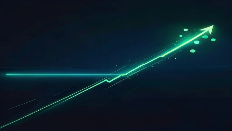 Objetivo de movimiento medido proyectado hacia arriba desde una ruptura de triángulo ascendente, con el volumen expandiéndose en la vela de ruptura