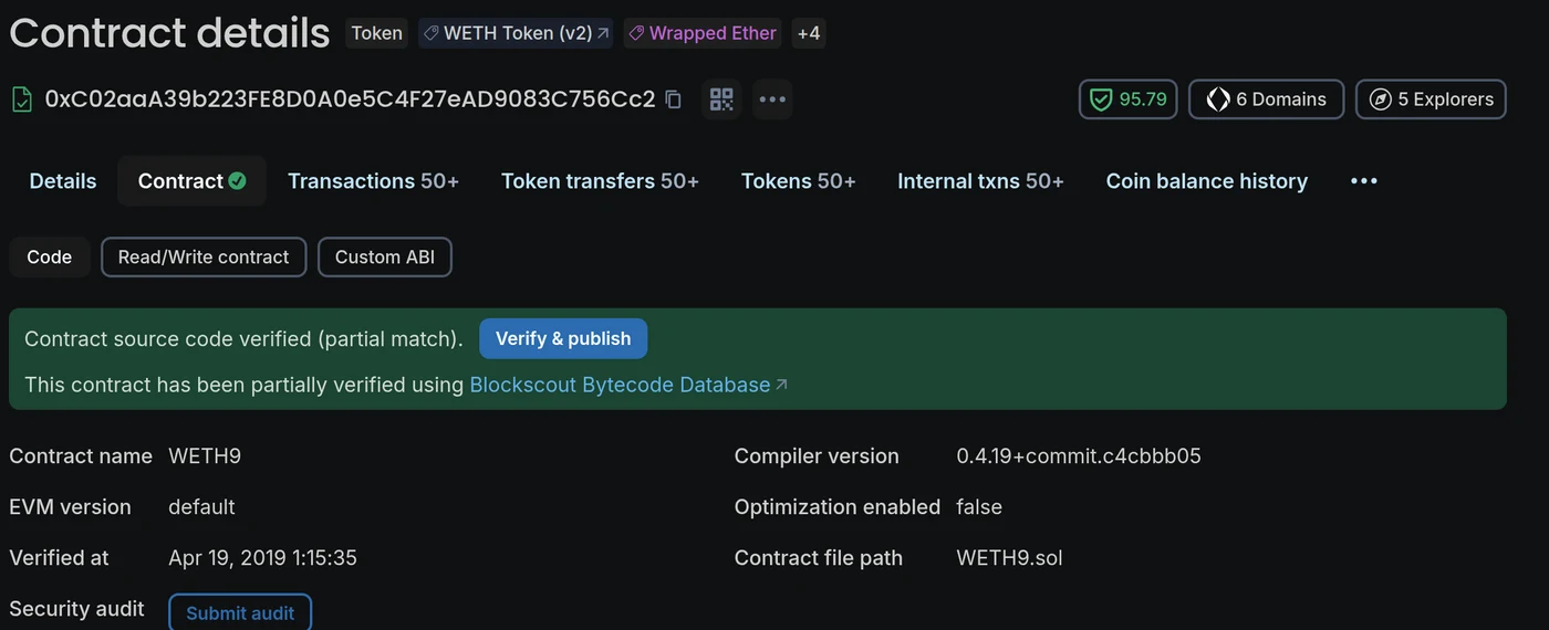 Blockscout contract details page for WETH showing a verified Contract tab and published source code