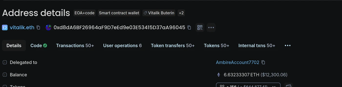Blockscout address page showing an EOA plus code label and delegation to a smart contract wallet via EIP-7702