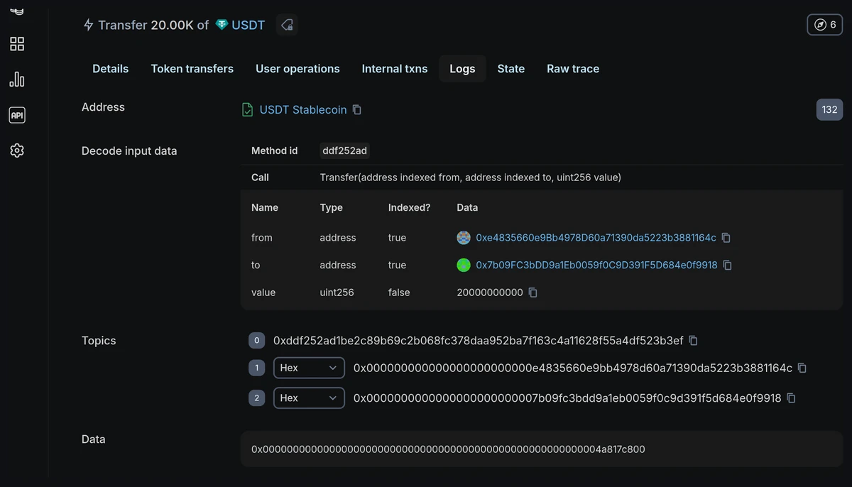 Decoded Transfer event log on a block explorer showing topics and data