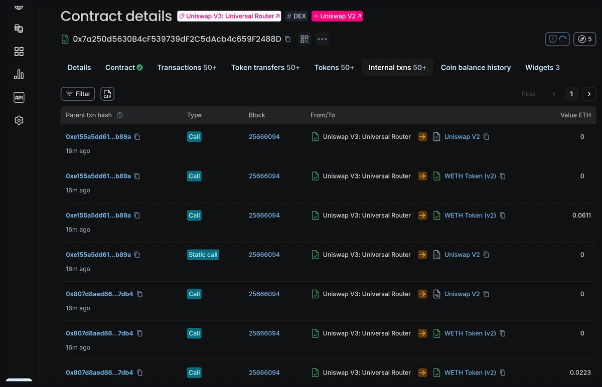 Block explorer Internal txns tab showing contract value moves tied to parent transactions