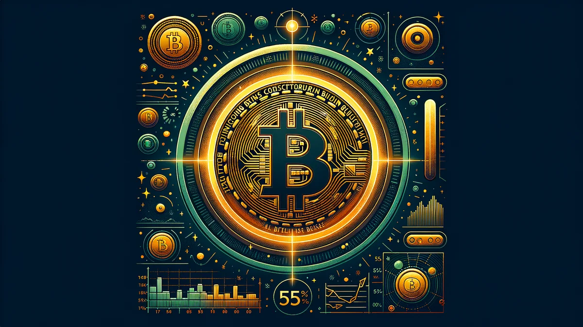 Stylisierte Grafik, die die Bitcoin-Marktkapitalisierungsdominanz über die gesamte Krypto-Marktkapitalisierung mit einer leuchtenden Bitcoin-Münze in der Mitte zeigt