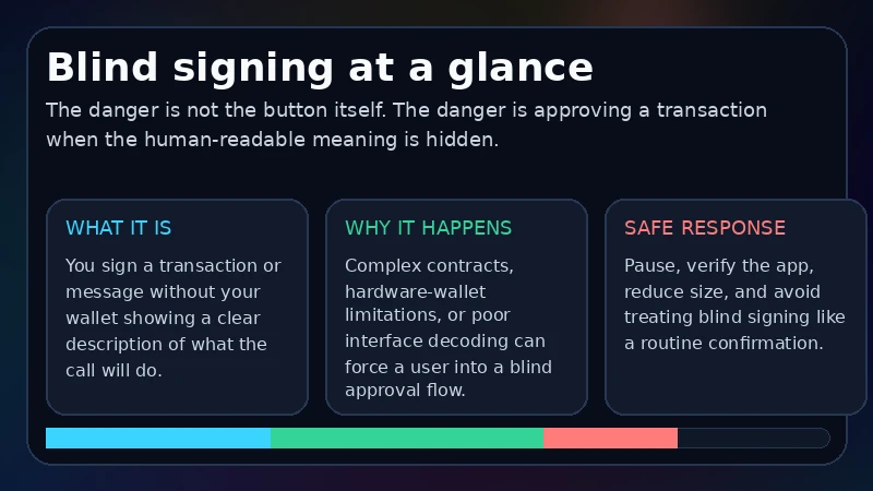 Blind Signing Erklärer mit unlesbaren Transaktionsdaten, Wallet-Bestätigungsrisiko und sicherer Überprüfungsworkflow