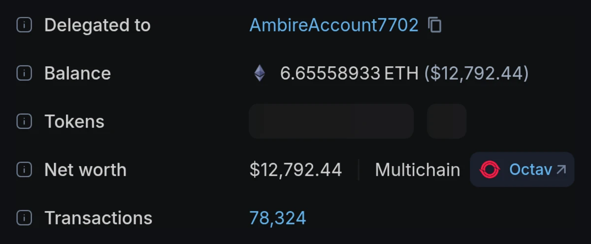Block explorer showing an ordinary wallet delegated to a smart account contract via EIP-7702