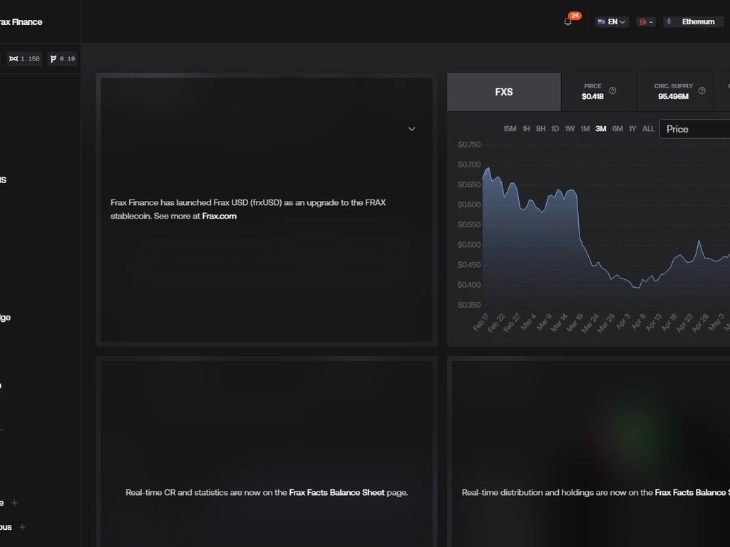 Frax Finance protocol homepage showing the complete suite of DeFi products including FRAX stablecoin, frxETH liquid staking and Fraxtal L2