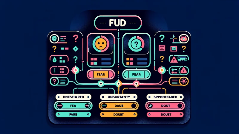 Diagramme éducatif décomposant l'acronyme FUD en Peur, Incertitude et Doute sous forme de trois petites cartes de tableau de bord