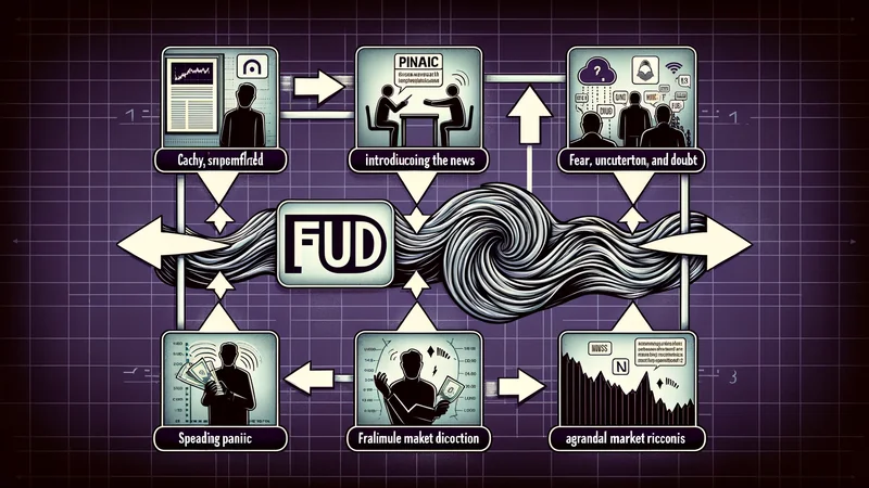 Visuel d'un cycle de nouvelles FUD : le titre apparaît, les réseaux sociaux diffusent, le prix chute, récupération à mesure que les nouvelles s'estompent