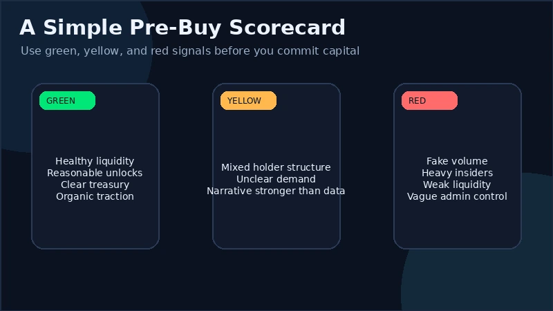 Pre-Buy-Krypto-Projekt-Scorecard mit grünen, gelben und roten Signalen für Liquidität, Freischaltungen, Admin-Kontrolle, Inhaber-Konzentration und Nutzungsqualität