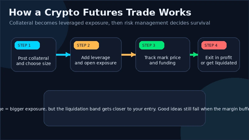 Diagram showing how collateral becomes leveraged futures exposure, where liquidation sits, and how exit price determines profit or loss
