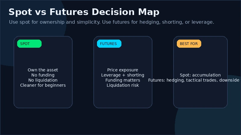 Compact decision map comparing spot and futures by ownership, leverage, liquidation risk, funding, and best use case