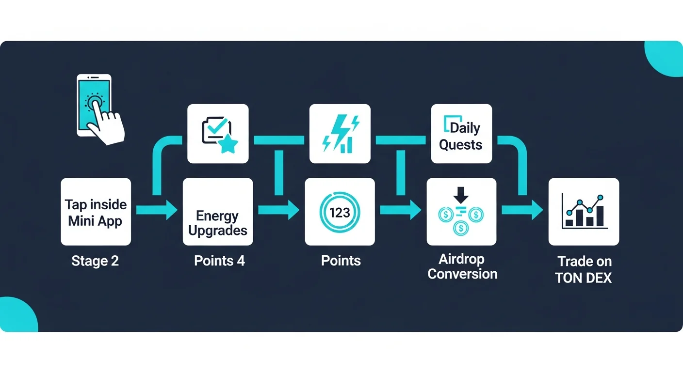 Diagrama del flujo de la campaña HMSTR: tocar en Mini App, misiones diarias, mejoras de cartas, conversión de airdrop, comercio en TON DEX