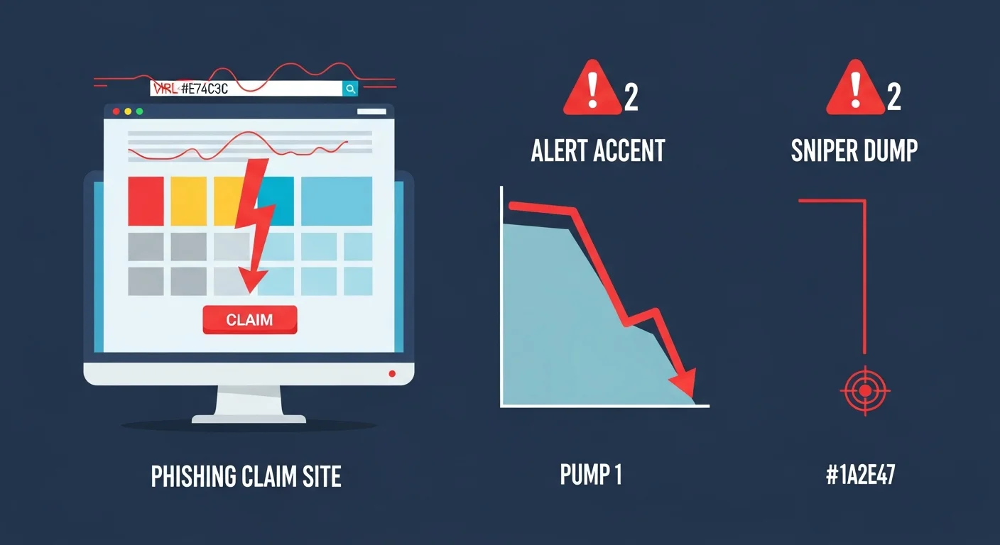 Ilustración de cuatro paneles de íconos de precaución relacionados con HMSTR: reclamación de phishing, descarga de francotirador, aplicación falsa, token imitador