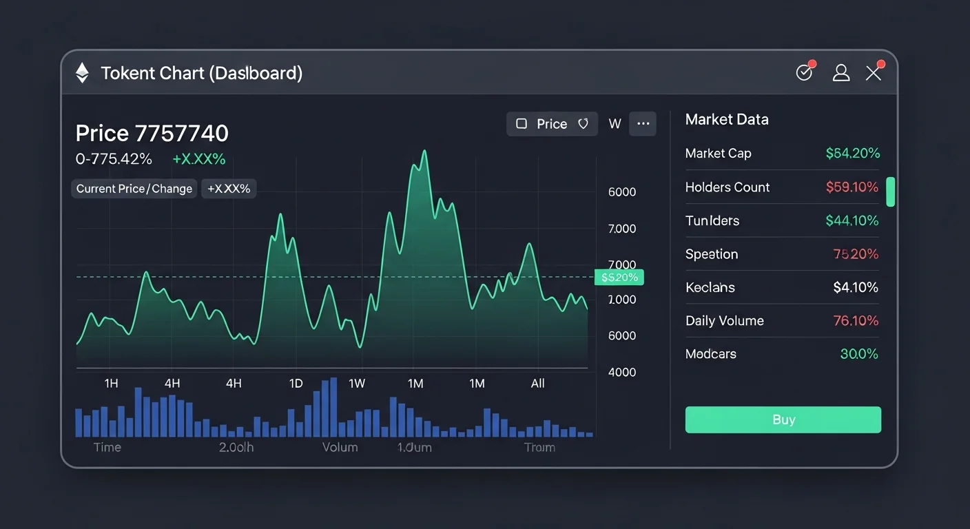 Mockup del panel de comercio mostrando el gráfico de precios de un token genérico, capitalización de mercado, titulares, volumen y botón de compra