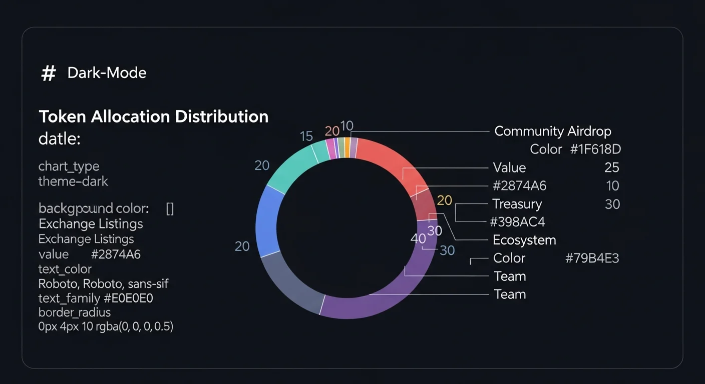 Gráfico circular de asignación de tokens dividido en airdrop comunitario, listados de intercambio, tesorería, ecosistema, equipo