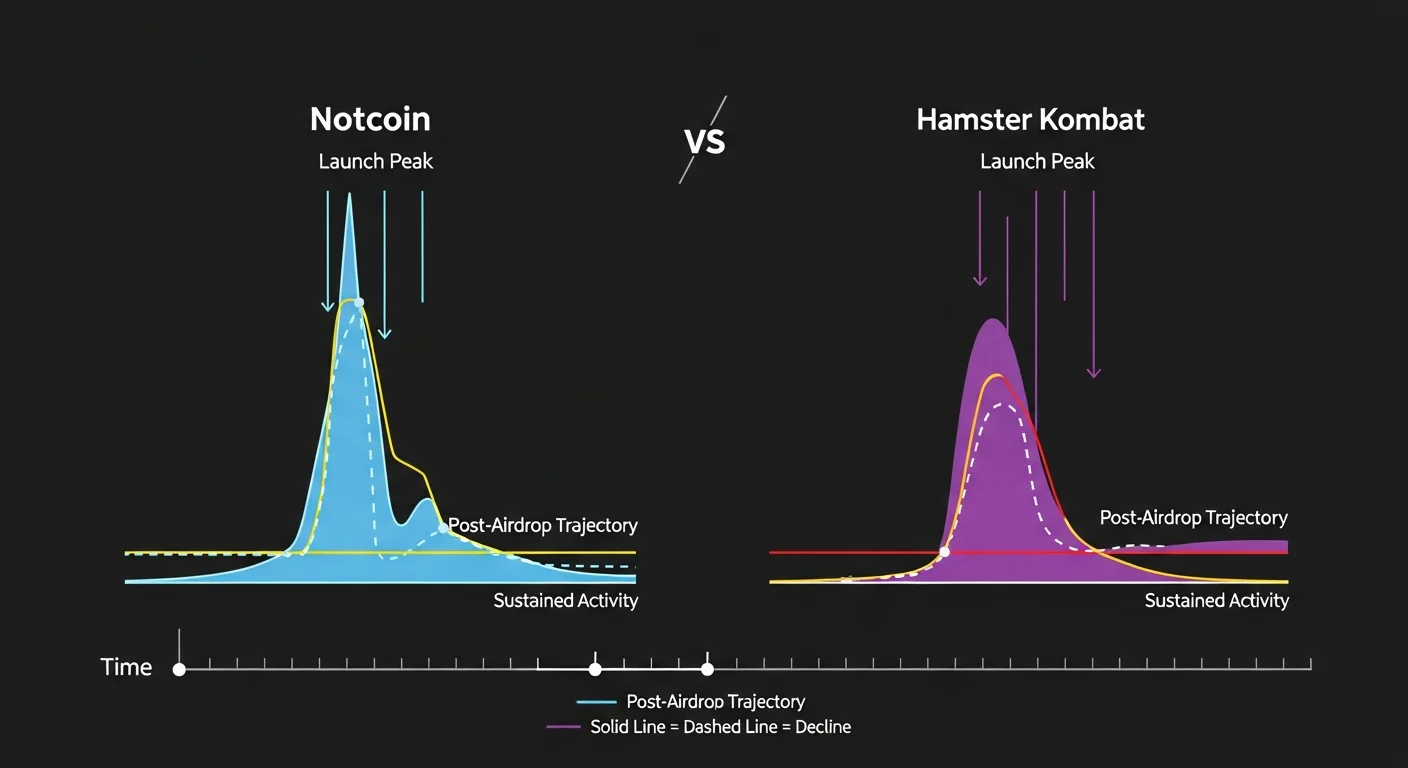 Infografía comparando los ciclos de vida de Notcoin y Hamster Kombat en el pico de lanzamiento, trayectoria y actividad sostenida
