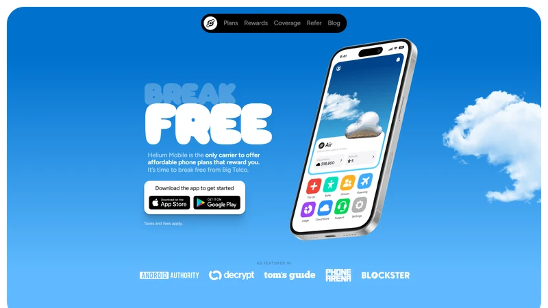 Helium Mobile mobile app interface showing $20 unlimited plan coverage map and MOBILE token rewards dashboard