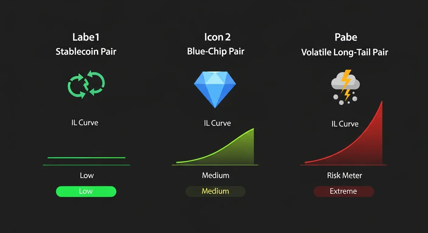 Comparison infographic of impermanent loss across stablecoin, blue-chip, and volatile pool pairs