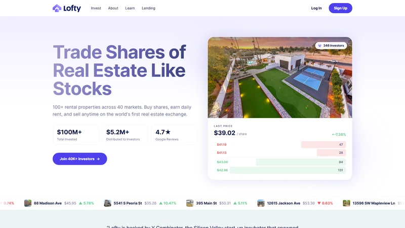 Lofty AI real estate tokenization architecture diagram showing Algorand ASA tokens, LLC structure, and daily rental income flow