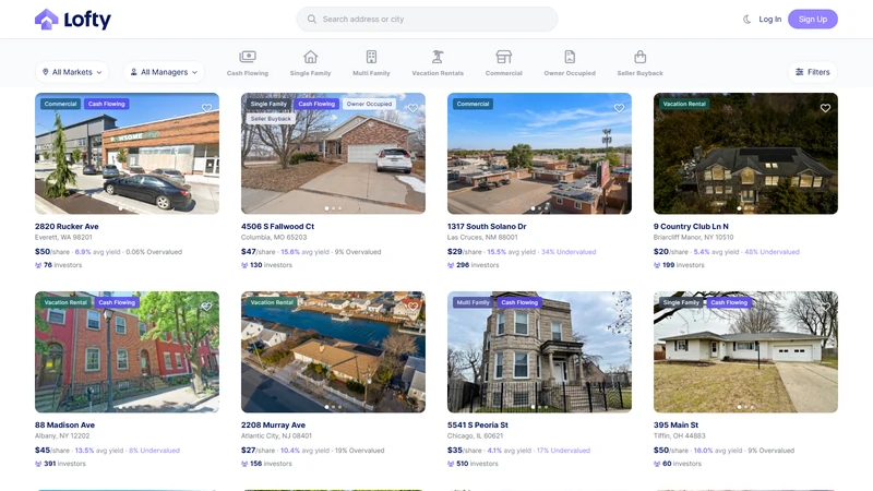 Lofty AI marketplace user interface showing tokenized single-family rental properties with token prices, yields, and Algorand wallet integration