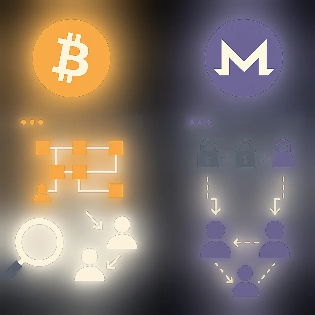 Visualization of Monero's encrypted blockchain compared to Bitcoin's transparent public ledger with chain analysis