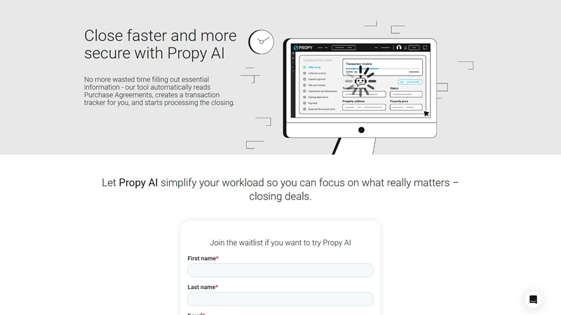 Propy AI Agent für Immobilientransaktionen-Schnittstelle mit automatischer Vertragsüberprüfung und Abschluss-Checkliste mit NFT-Eigentumsurkundenstatus
