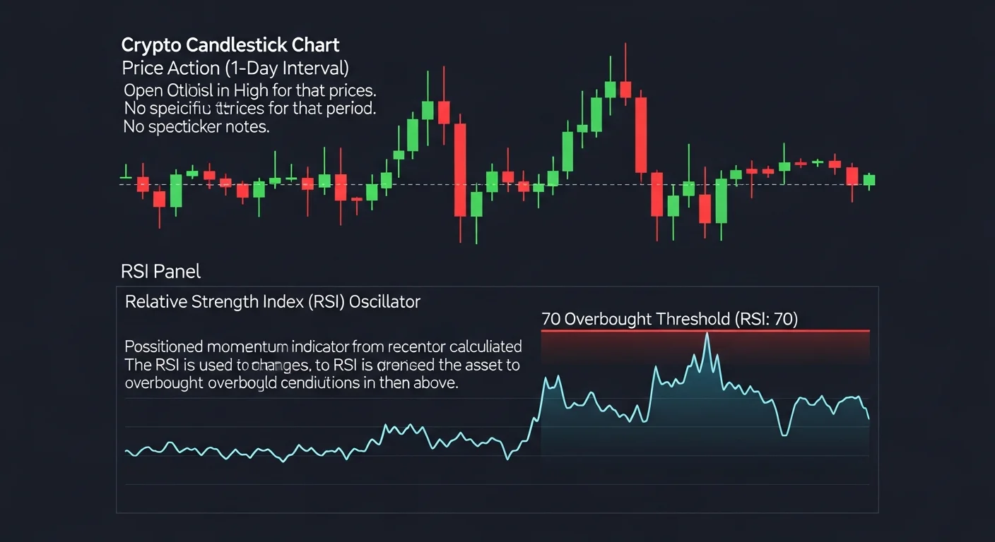 Annotated crypto candlestick chart with an RSI panel below showing the 70 overbought line and 30 oversold line