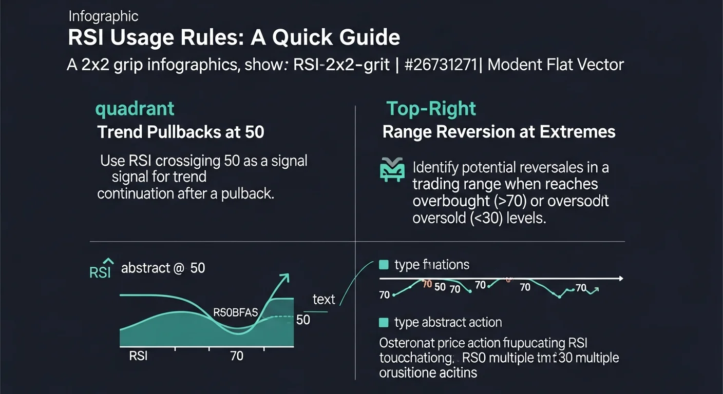 Educational summary infographic showing four common RSI usage rules in a 2x2 grid