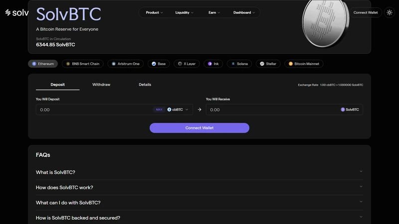 Die Dashboard-Oberfläche des Solv-Protokolls zeigt Echtzeit-TVL, SolvBTC-Varianten-Pool-Größen und aktuelle Renditeraten über Ketten hinweg