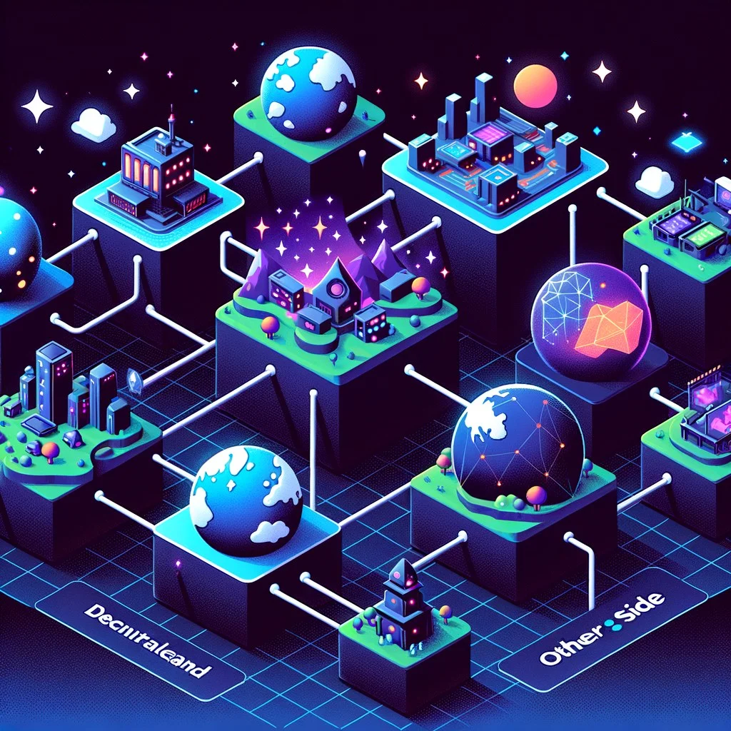 AI-generated 3D virtual environment with intelligent NPC avatars interacting in a futuristic metaverse setting