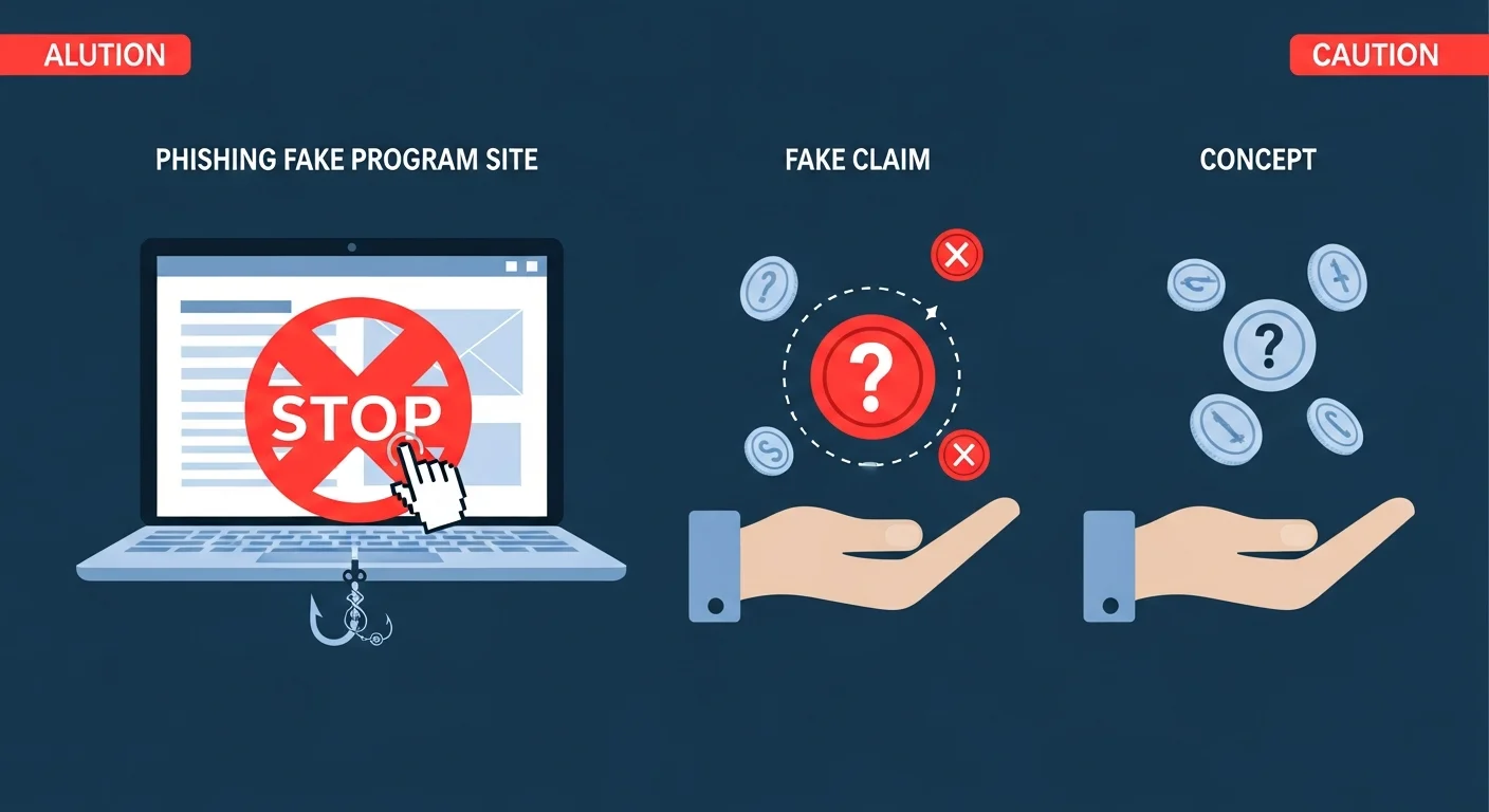 Four-panel illustration of TOL caution icons: phishing site, fake claim, scam imitator, wash farming