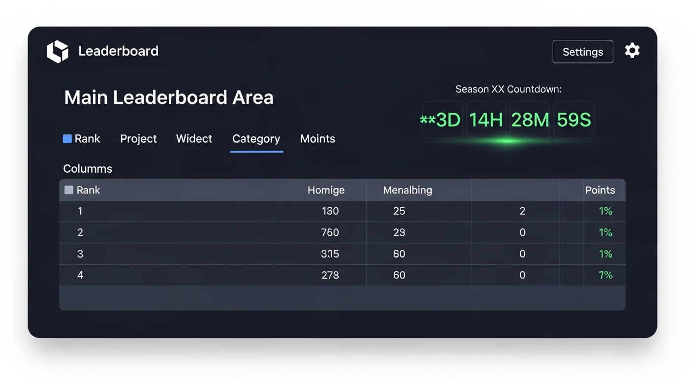 Leaderboard mockup with project rows ranked by points, category tags, point bars, and season countdown
