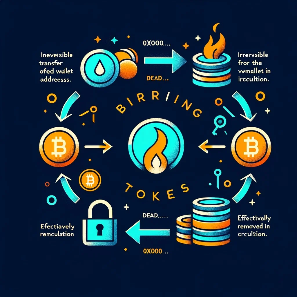 Token burn mechanism diagram showing tokens being sent to the dead burn address removing them from circulating supply forever