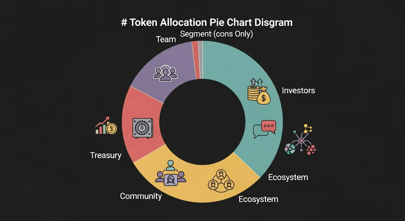 Tokenverteilung Tortendiagramm aufgeteilt in Team, Investoren, Schatz, Gemeinschaft und Ökosystemsegmente