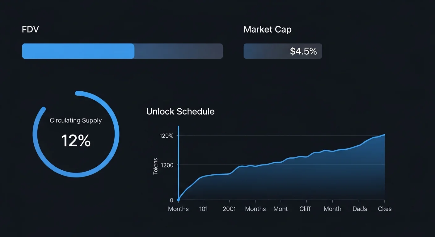Tokenomics-Dashboard-Mockup zeigt FDV vs Marktkapitalisierungsbalken, Fortschritt des zirkulierenden Angebots und einen Freischaltplan mit einer steilen Klippe