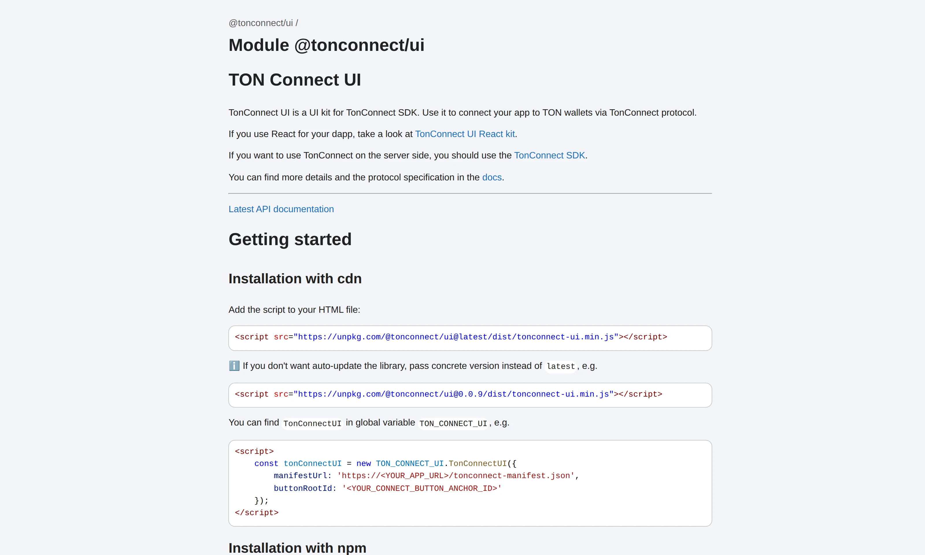 Page de documentation TON Connect présentant la norme de connexion de portefeuille