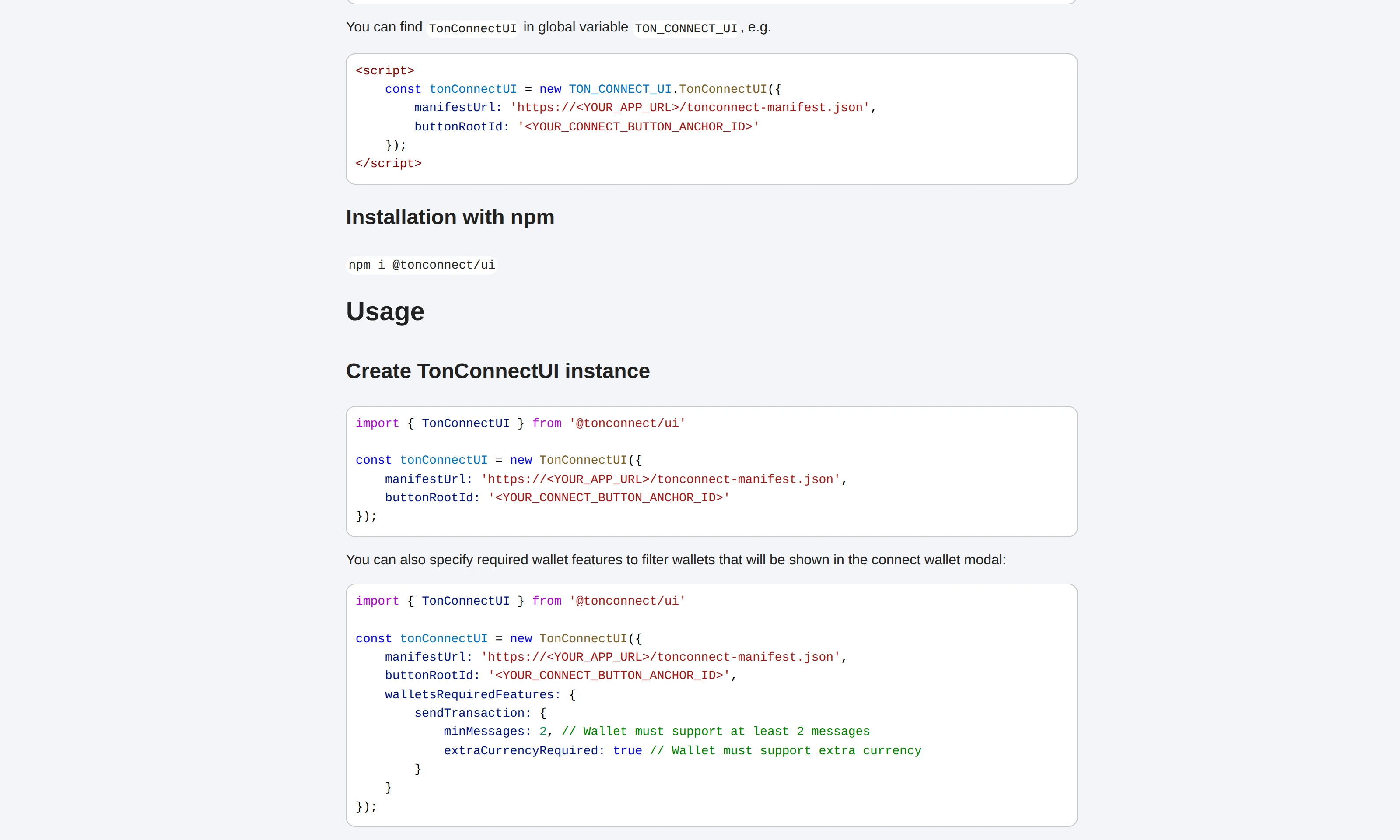 Documentation de l'interface utilisateur TON Connect montrant la boîte à outils de connexion de portefeuille et le flux d'utilisation