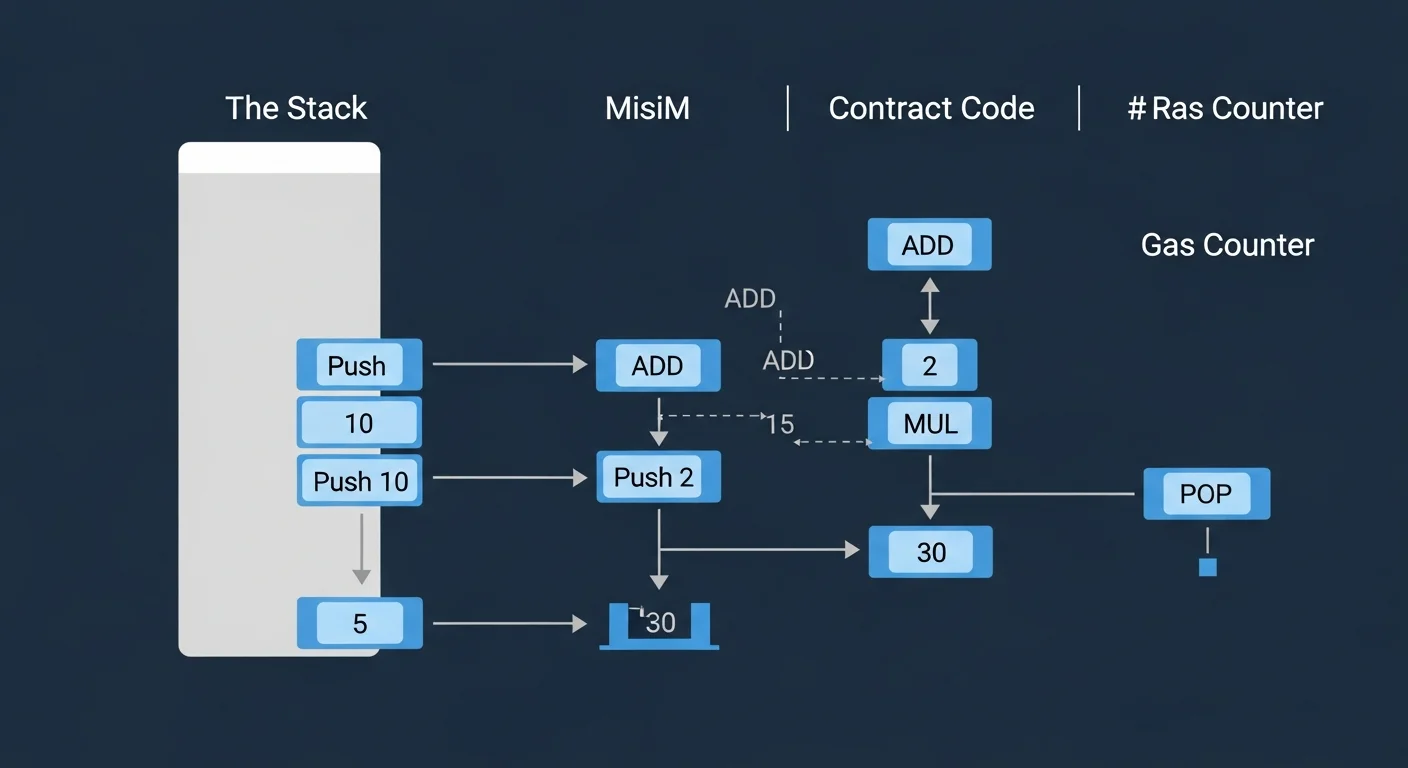 Diagramm des TVM stackbasierten Ausführungsmodells mit Stack, Vertragscode und Gaszähler
