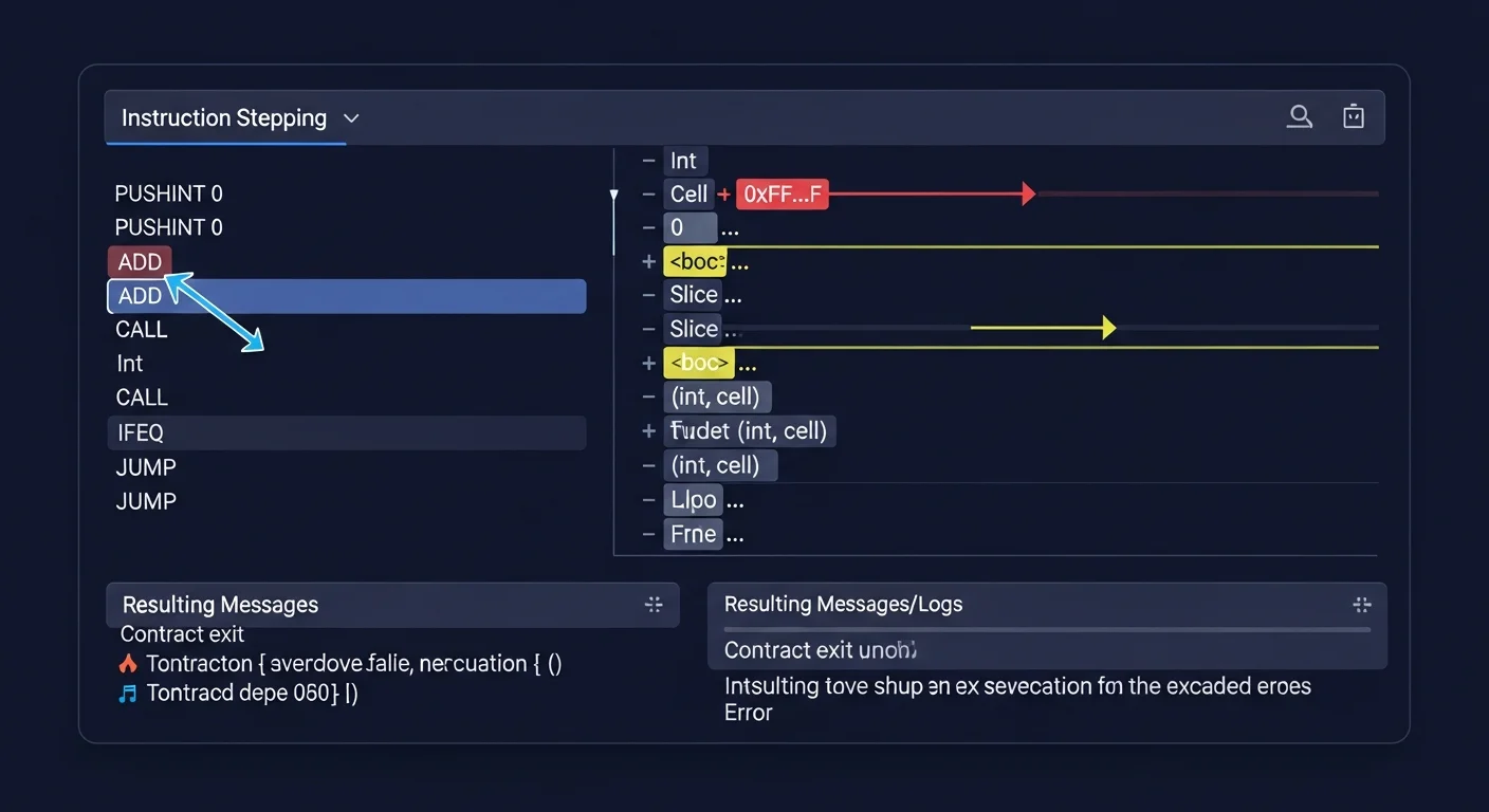 TVM-Ausführungstracemockup, das Schritte, Stackänderungen und resultierende Nachrichten zeigt