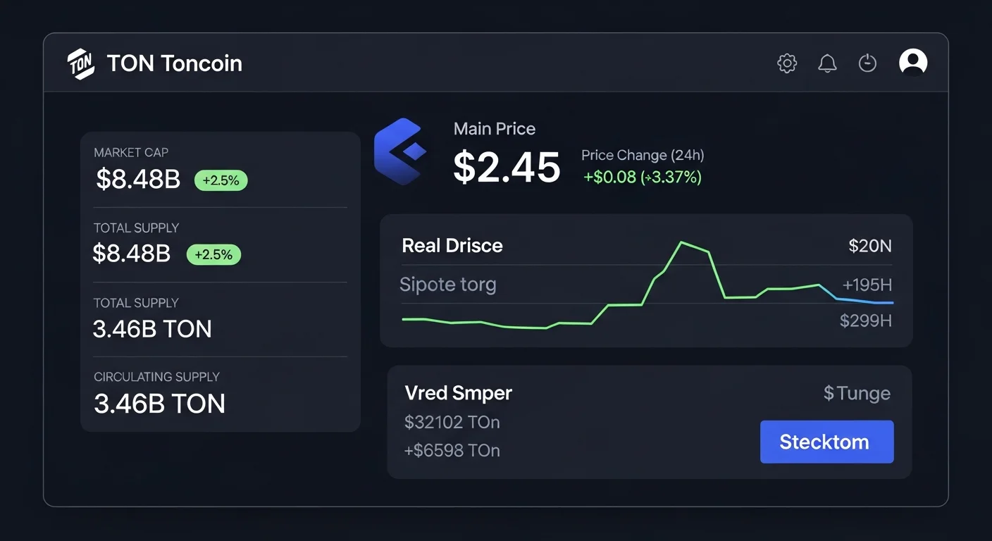 Toncoinの価格、市場キャップ、供給、7日間のチャートを示すダッシュボードモックアップ