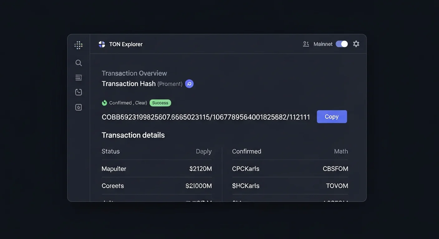 ハッシュ、送信者、受信者、金額、手数料を含むTONトランザクション詳細ページのブロックエクスプローラーモックアップ