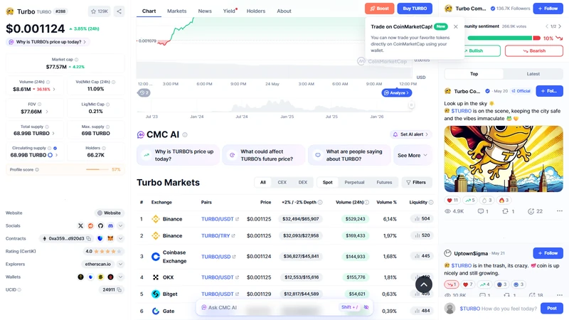 Turbo coin trading chart 2023 launch to all time high 2024 Ethereum memecoin