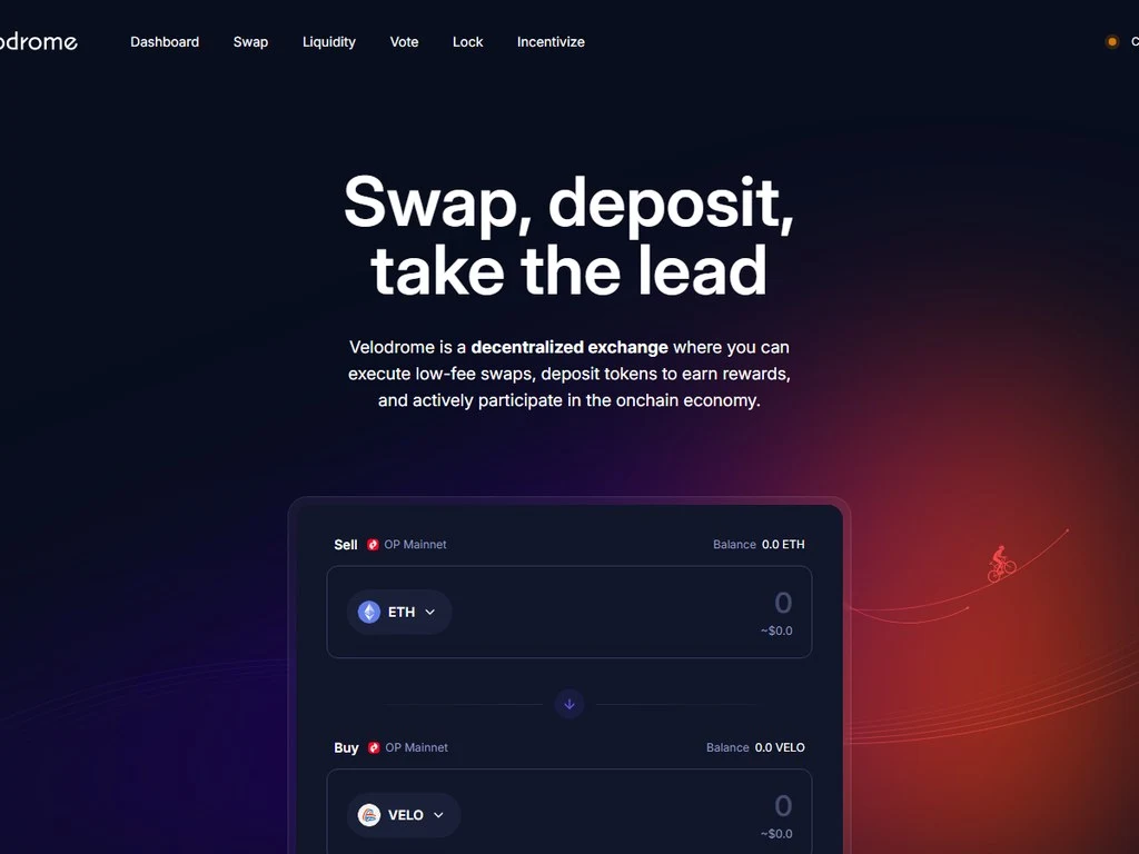 Velodrome Finance decentralized exchange interface on Optimism showing swap, liquidity, and voting modules