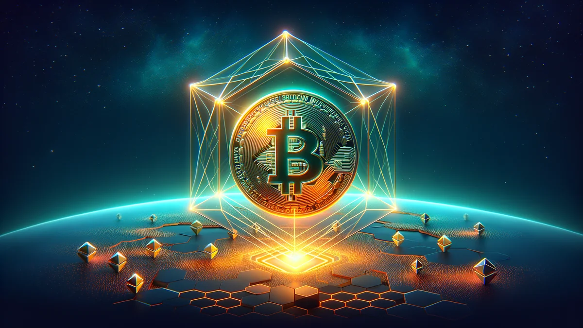 Ilustración estilizada de una moneda de Bitcoin envuelta dentro de una concha translúcida con acentos hexagonales de Ethereum orbitando alrededor