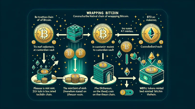 Diagrama que muestra la cadena nativa de Bitcoin, una bóveda de custodio y WBTC acuñado en Ethereum con flechas para el flujo de acuñación y quema 1:1